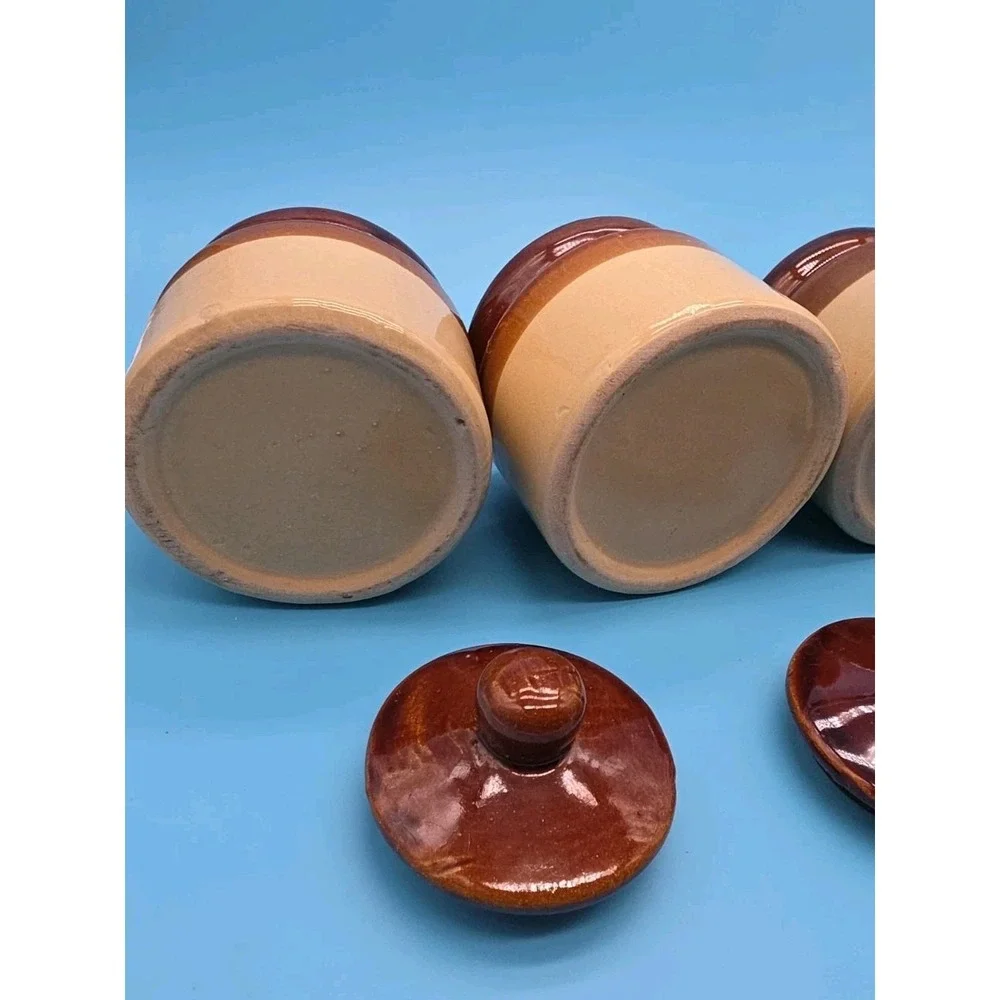 4 Brown & Tan Stoneware Crocks 3 Tone Jars with Lids 2.75